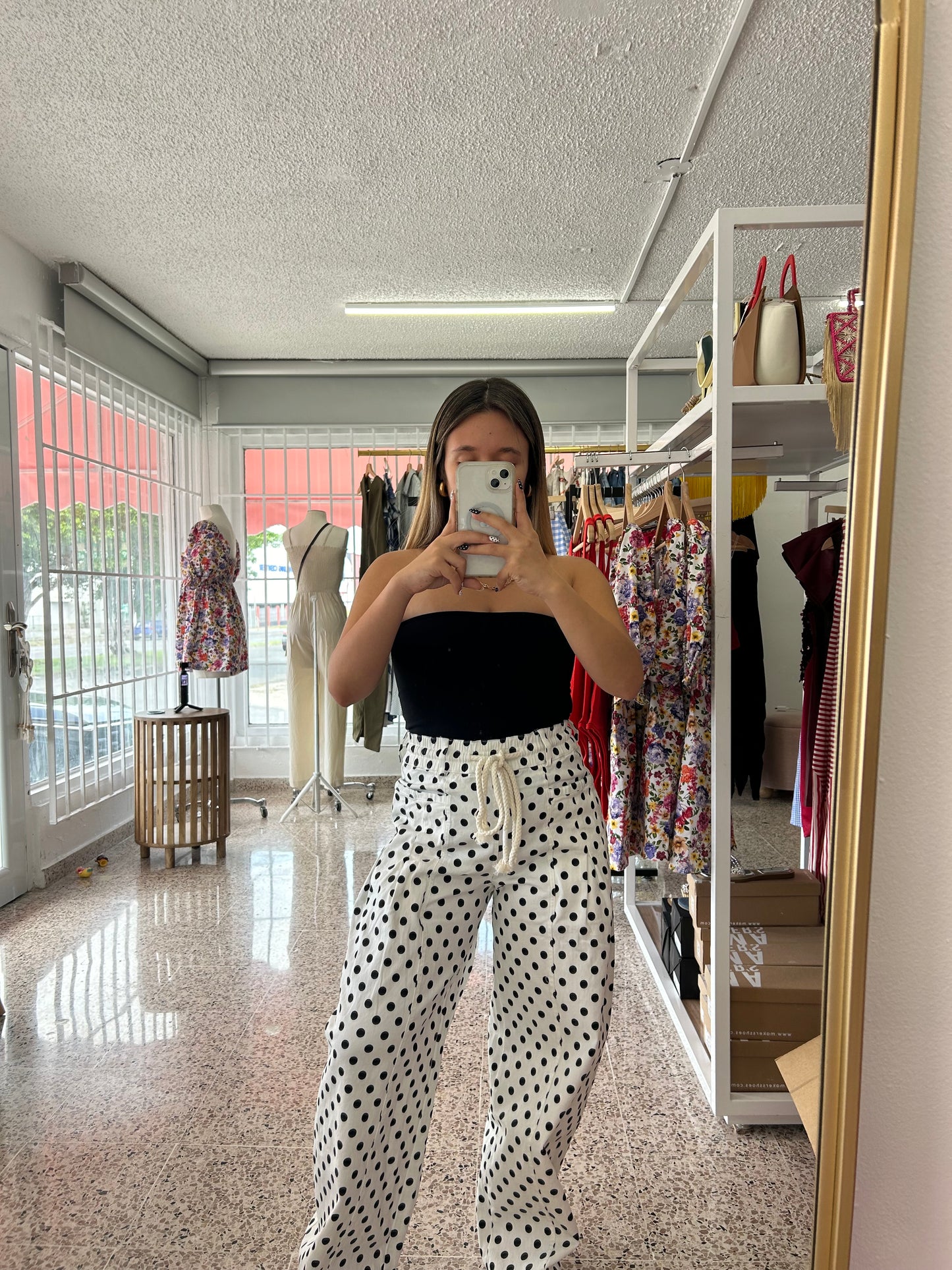 Polka dot white barrel pants