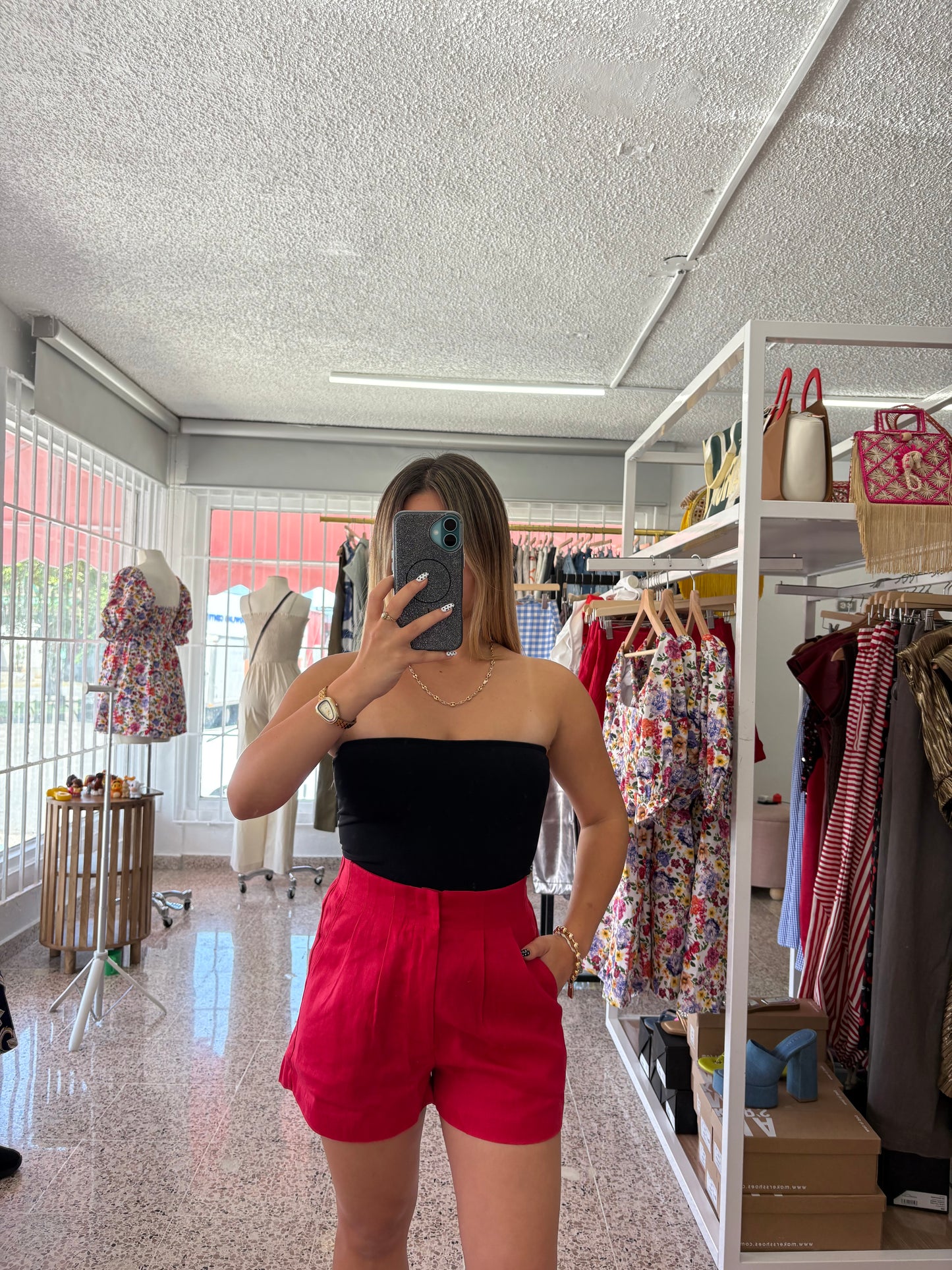 Red linen shorts