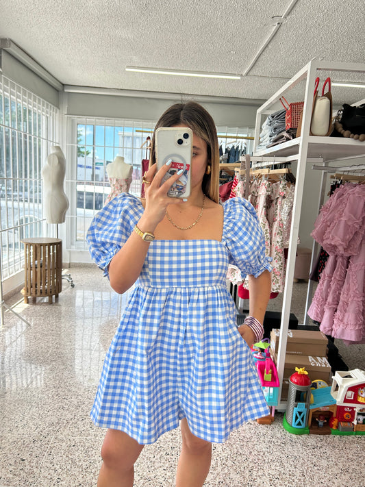 Sky blue gingham romper