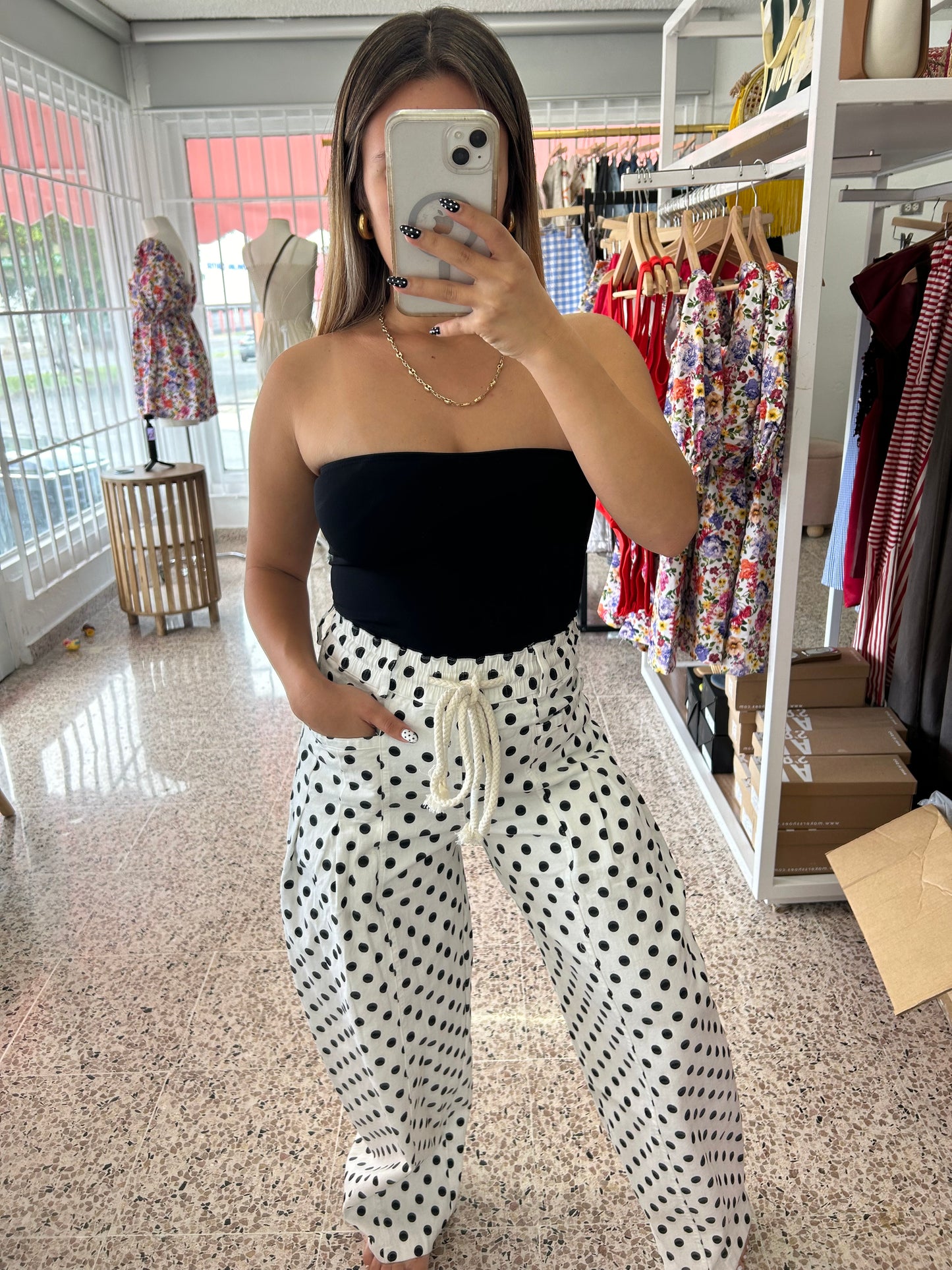 Polka dot white barrel pants