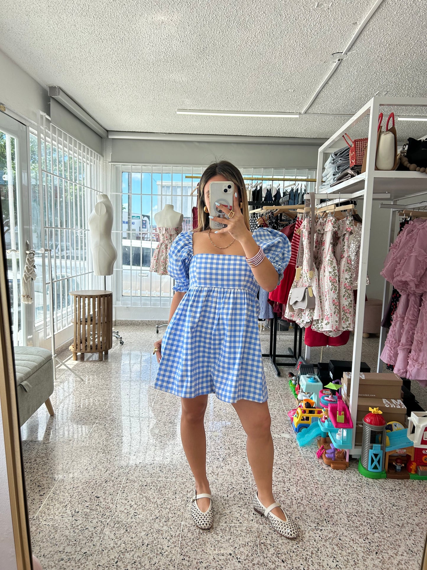 Sky blue gingham romper