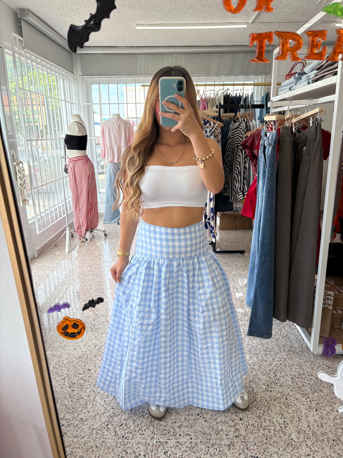 Blue gingham skirt