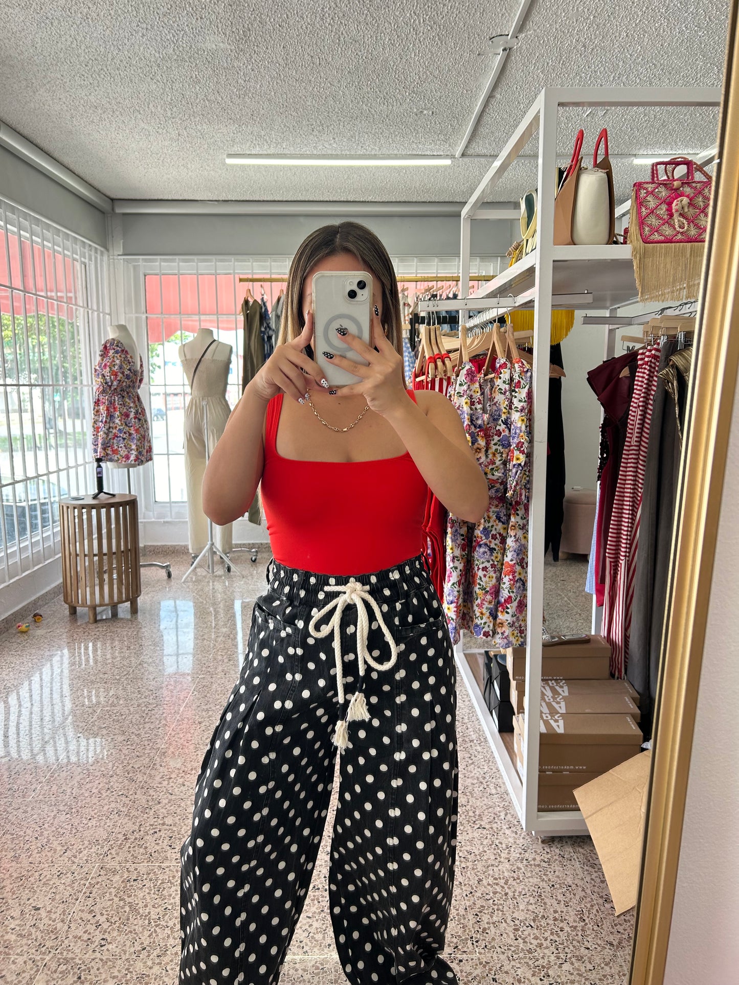 Polka dot black barrel pants