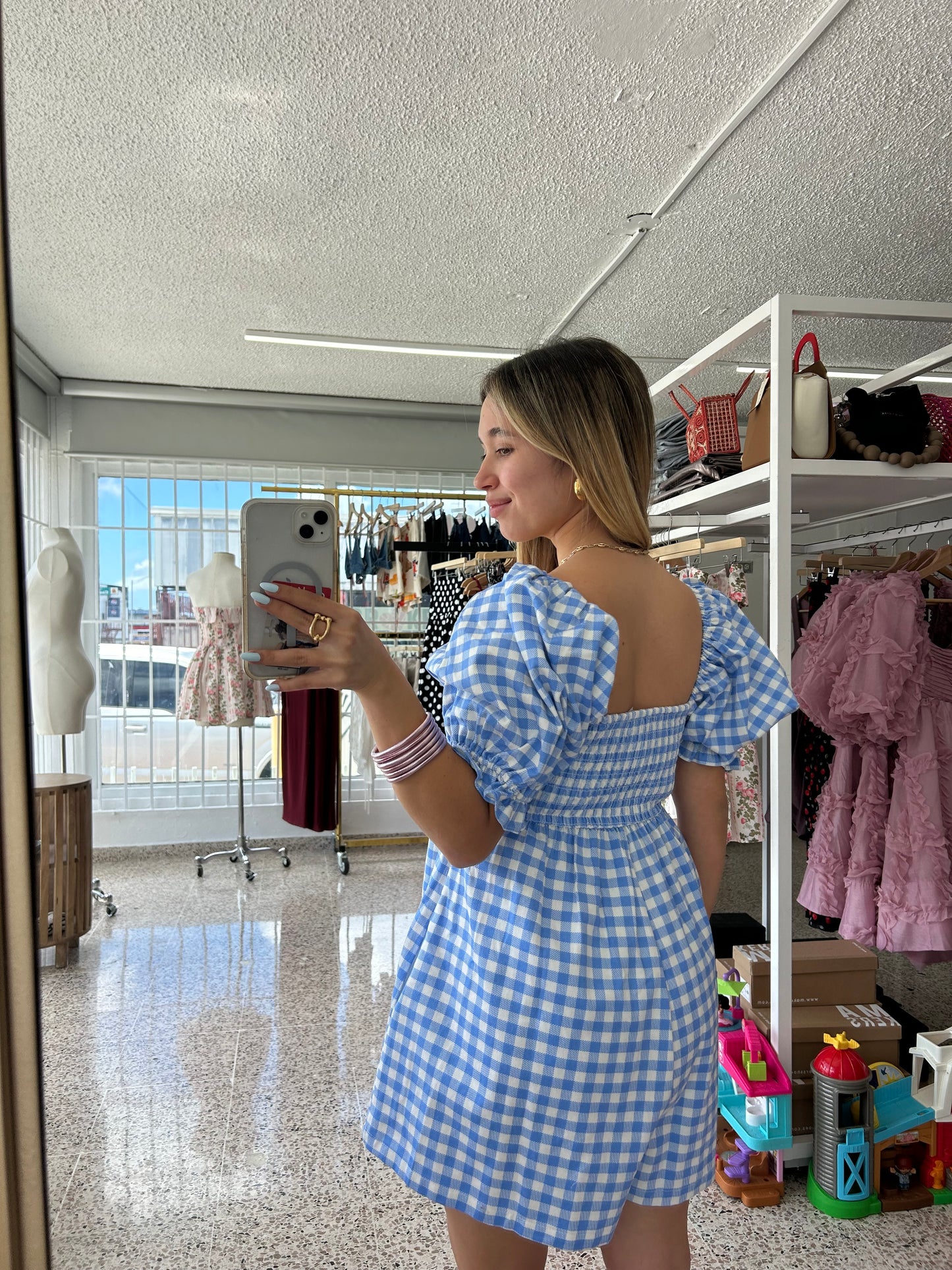 Sky blue gingham romper