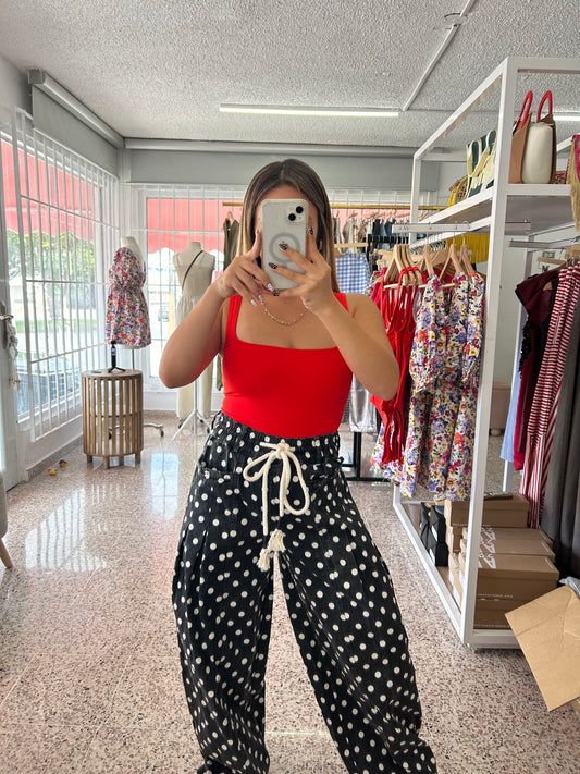 Polka dot black barrel pants